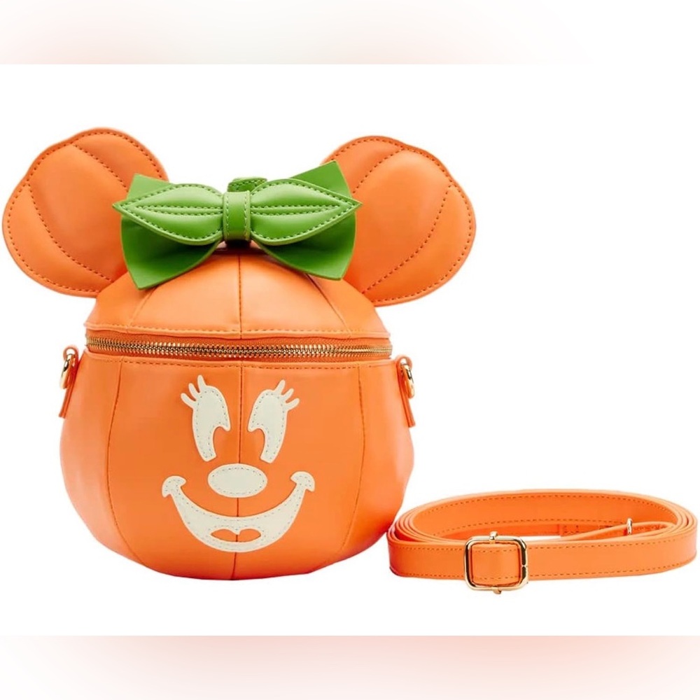 Loungefly Orange Pumpkin Minnie Crossbody Bag with Green Bow